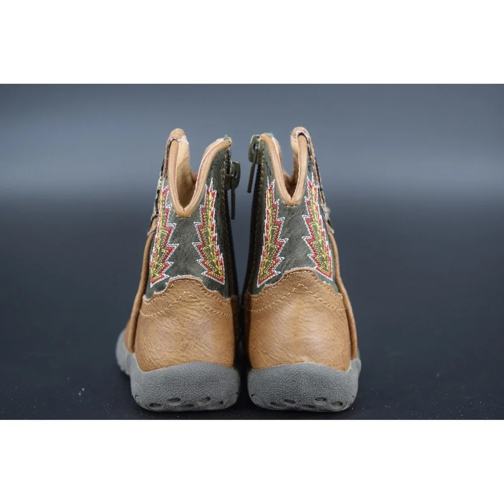 Roper Cowboy Boots Kids Size 3 Brown Olive Green Good Lightning Bolt Western